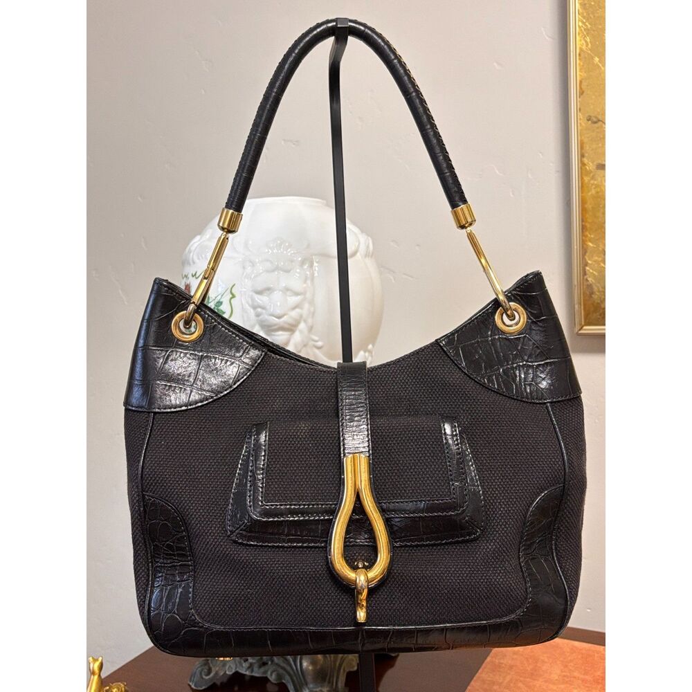 Vintage Escada Black Canvas & Croc-Embossed Leather Horse-Bit Hobo Bag